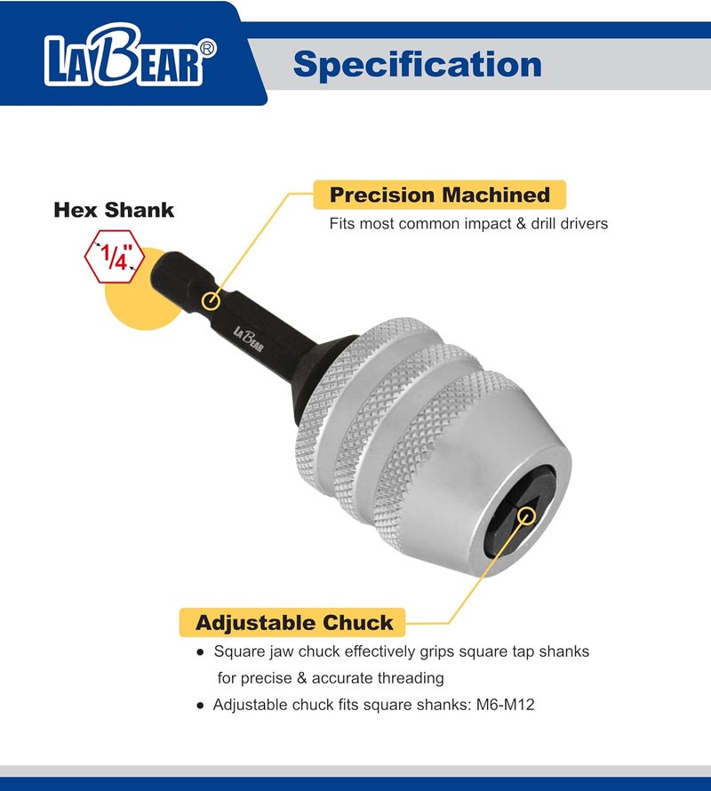 LABEAR Adjustable Tap Chuck M6–M12, Keyless Quick Change Tap Holder, 1/4" Hex Shank Tap Adapter for Drill Driver, Cr-V Steel Heavy Duty Threading Tool for Auto Repair & Metalworking - Image 2
